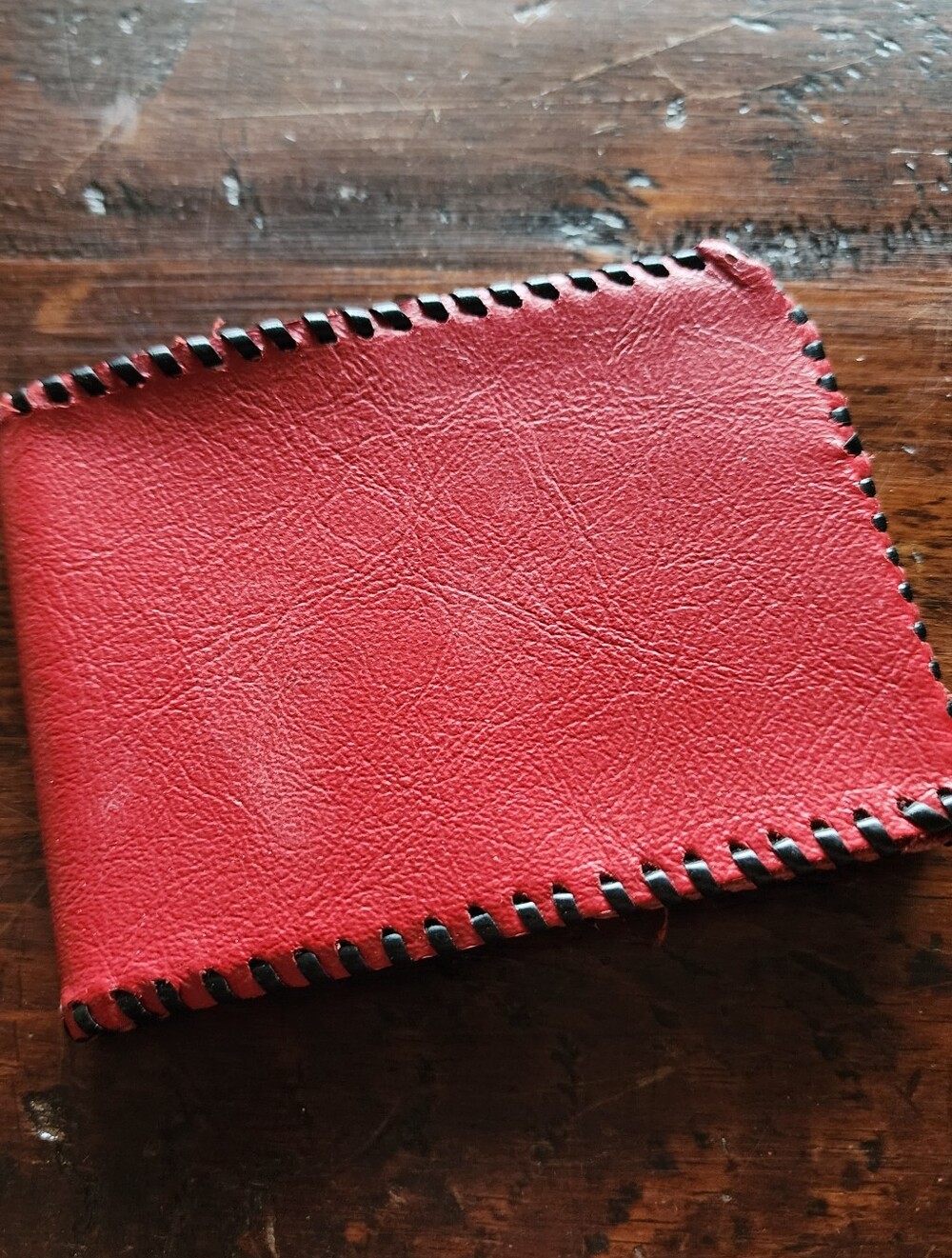 Vintage Hand Stitched Handmade Bright Red Leather Billfold Wallet Card Holder